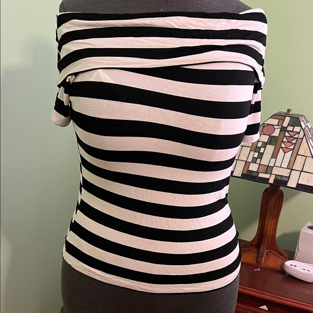 Lane Bryant Black and White Striped Off-Shoulder Top